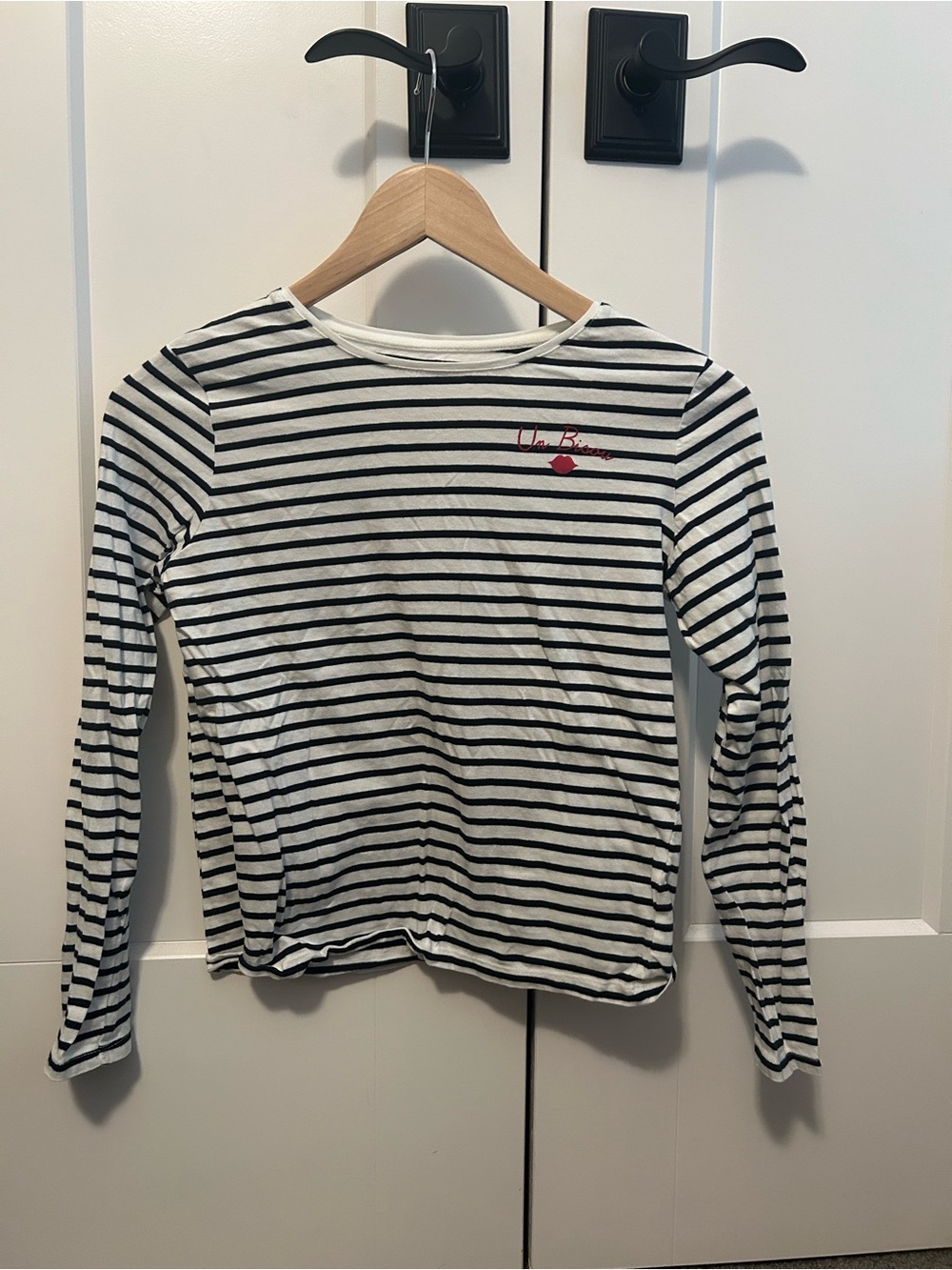 Girls' Black & White Striped Long-Sleeve Tee with Red Bisou Accent